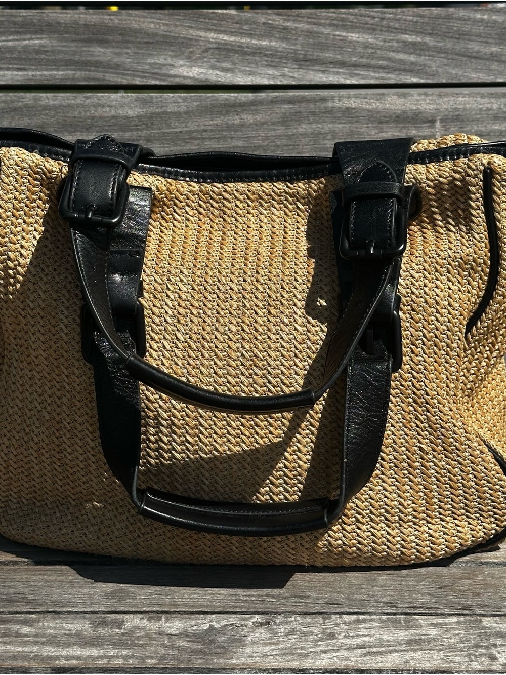 RUDSAK Straw Woven Leather Trim Tote Bag Black Flap Pocket Shoulder Purse - Picture 5 of 12